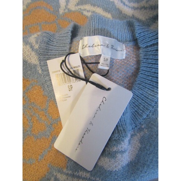 Mango Blue Floral Sweater Blue Crew Neck Knit Chelsea & Theodore NWT Size SP - Picture 8 of 8